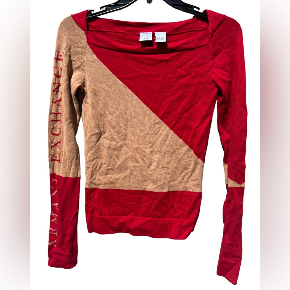 Armani Exchange Women Color Block Boat Neck Long Sleeve Top Reb/Tan Size XS
